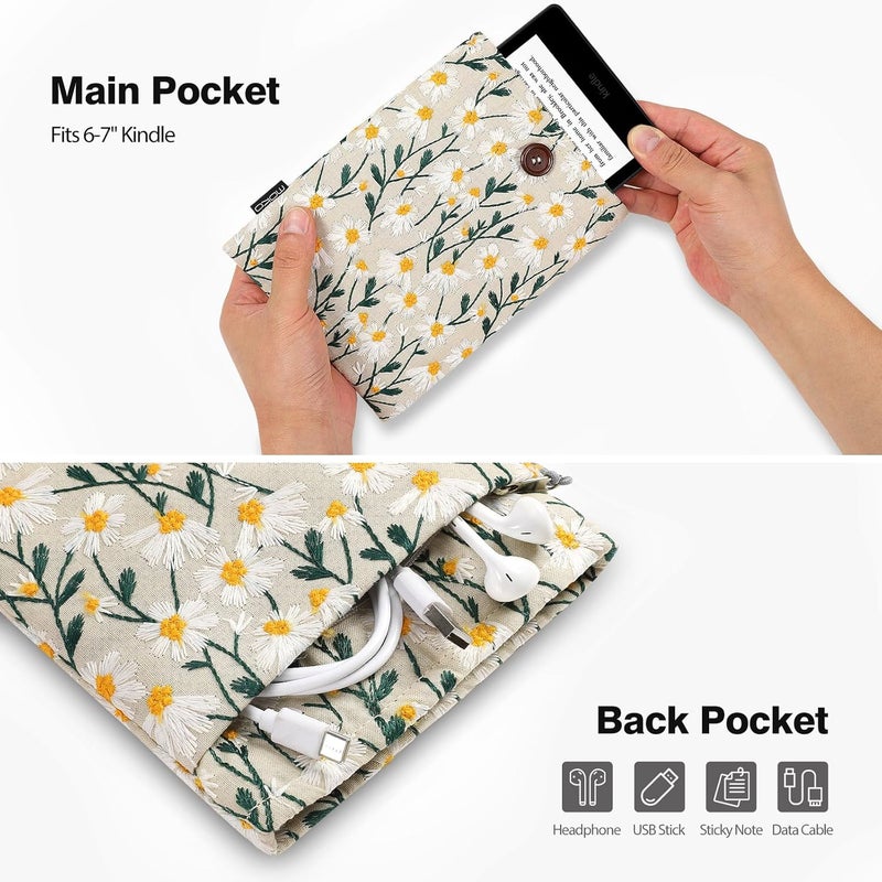 MoKo 6-7" Embroidered Daisy Padded Sleeve Pouch for Fire 7 2022, 7" Kindle Colorsoft Signature Edition 2024, Kindle 11/10/8 Gen, Paperwhite 11th/10th Gen, Pouch for Voyage/Kobo eReader, Beige - Image 5